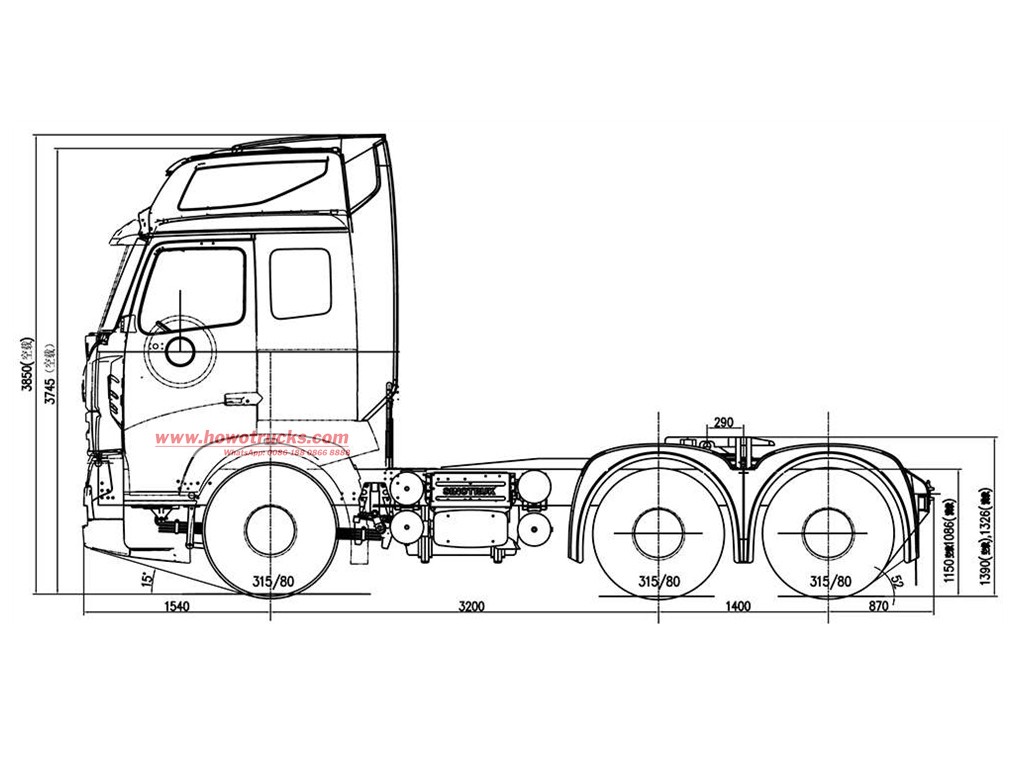 Technical drawing of HOWO tractor truck